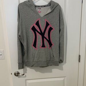 PINK Victoria's Secret Gray Hoodie with Pink and Black Text New York Yankee Larg